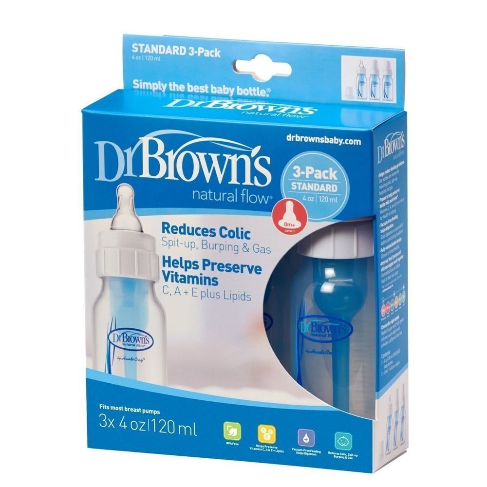 Dr Browns Natural Slow Flow Standard Bottle Reduces Colic Newborn 4oz 3 Pack New